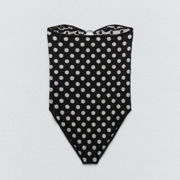 NWOT Zara black & white polka dot print ribbed bodysuit w/ ring accent & cut out - Picture 7 of 12